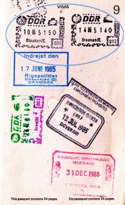 GDR entry and exit stamps carried out at the Staaken border crossing in June 1985.