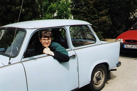 Author before his "test drive" of a Trabant in Hartha, Saxony in May 1999 (author's photo).