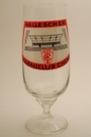 Hallescher FC Chemie (10th, 34 seasons, 874 points) produced the captain of the GDR national team Bernd Bransch. This glass depicts the main stand of the team's Kurt Wabbel Stadion.