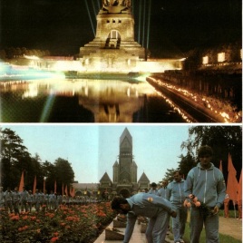 Top: Tattoo of National People's Army at Leipzig's Battle of the Nation's Monument; below: competitors lay wreaths at a memorial for antifascist resistance fighters.